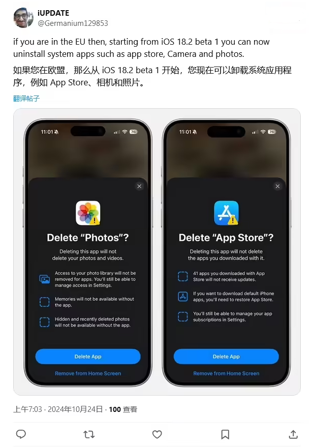 义安苹果手机维修分享iOS 18.2 支持删除 App Store 应用商店 